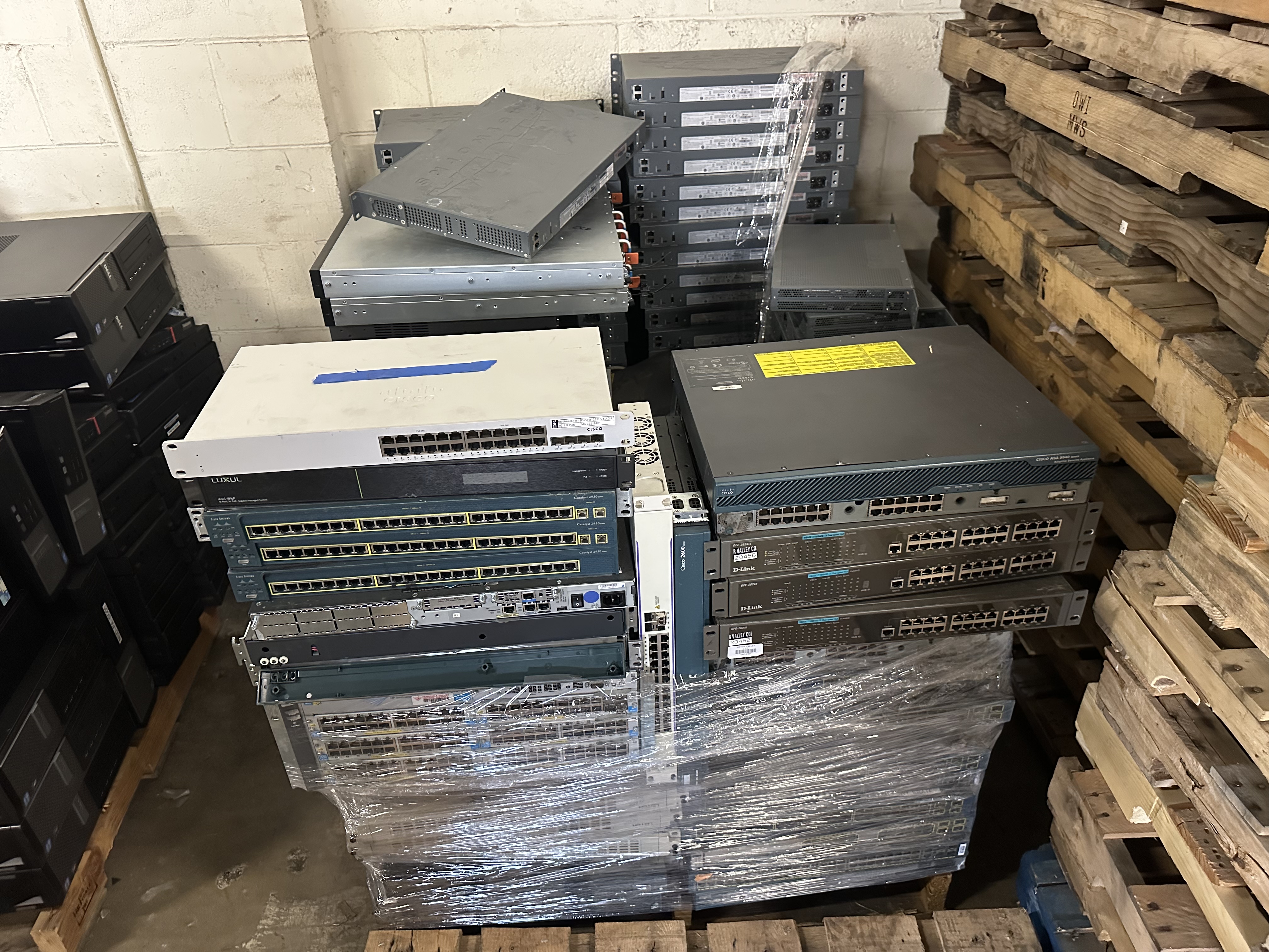 Palletized switching hardware and enterprise devices ready for dispatch